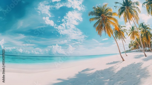 Beautiful tropical beach banner. White sand and coco palms travel tourism wide panorama background concept. Amazing beach landscape. 