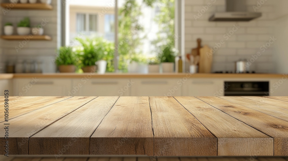 Empty wooden table with a blurred contemporary kitchen backdrop Empty wooden table with a blurred contemporary kitchen backdrop
