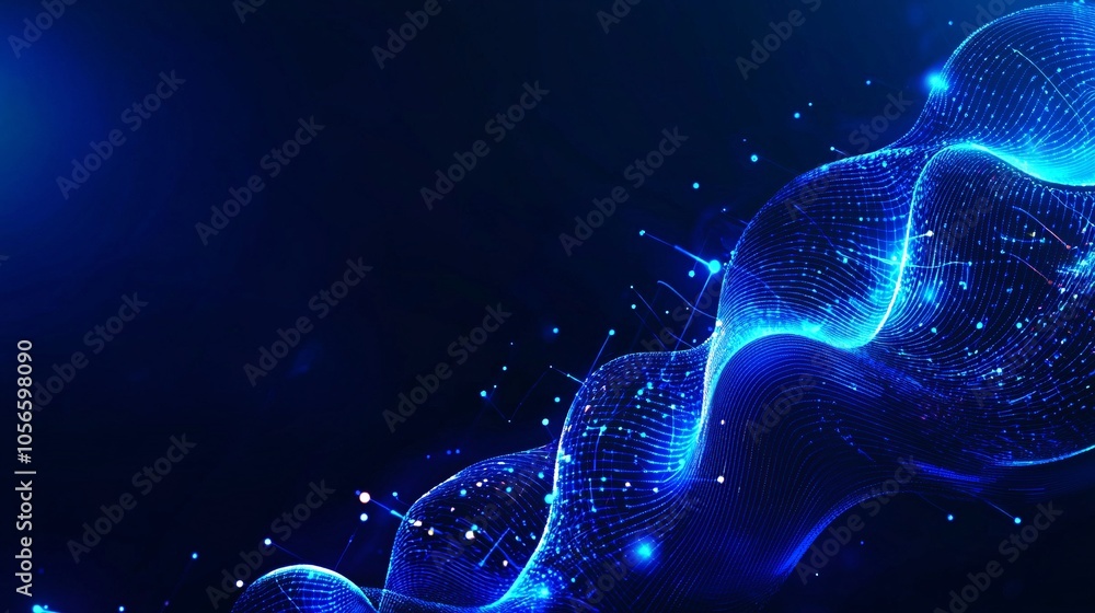 A vibrant blue wave formed of glowing particles against a dark background, representing technology or digital concepts. A vibrant blue wave formed of glowing particles against a dark background, representing technology or digital concepts.
