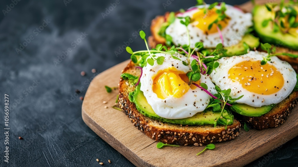 Delicious avocado toast topped with poached egg and fresh herbs on a wooden board. Perfect for breakfast or brunch. Delicious avocado toast topped with poached egg and fresh herbs on a wooden board. Perfect for breakfast or brunch.