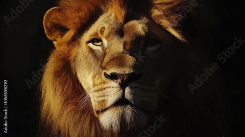 Close up portrait of a majestic lion captured through macro photography against a dark backdrop
