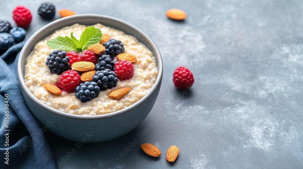 Delicious oatmeal topped with fresh berries and almonds, perfect for a healthy breakfast or snack. Delicious oatmeal topped with fresh berries and almonds, perfect for a healthy breakfast or snack.