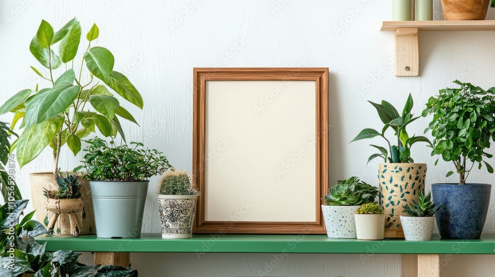 Stylish living room interior featuring a brown mock up photo frame on a green shelf adorned with beautiful plants in trendy pots and elegant personal accessories showcasing a touch of home gardeni Stylish living room interior featuring a brown mock up photo frame on a green shelf adorned with beautiful plants in trendy pots and elegant personal accessories showcasing a touch of home gardeni