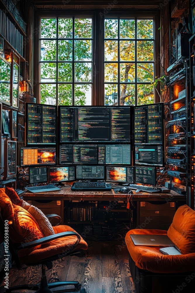 Multi-monitor workstation with code and autumn scenery view Multi-monitor workstation with code and autumn scenery view
