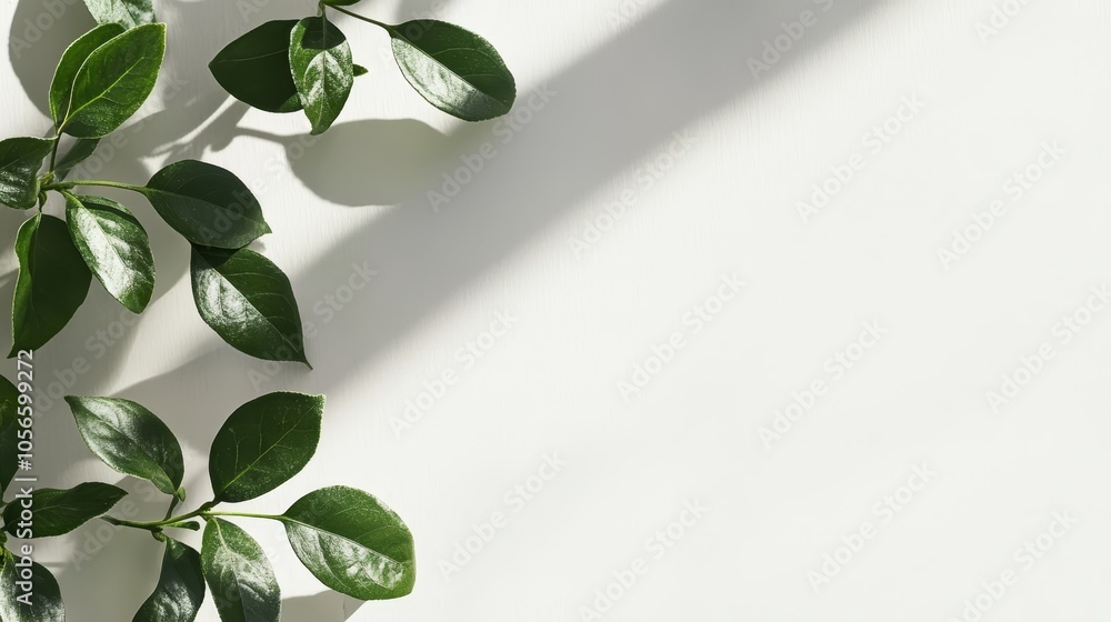 Green Leaves Branch Sunlight Shadow White Background Green Leaves Branch Sunlight Shadow White Background