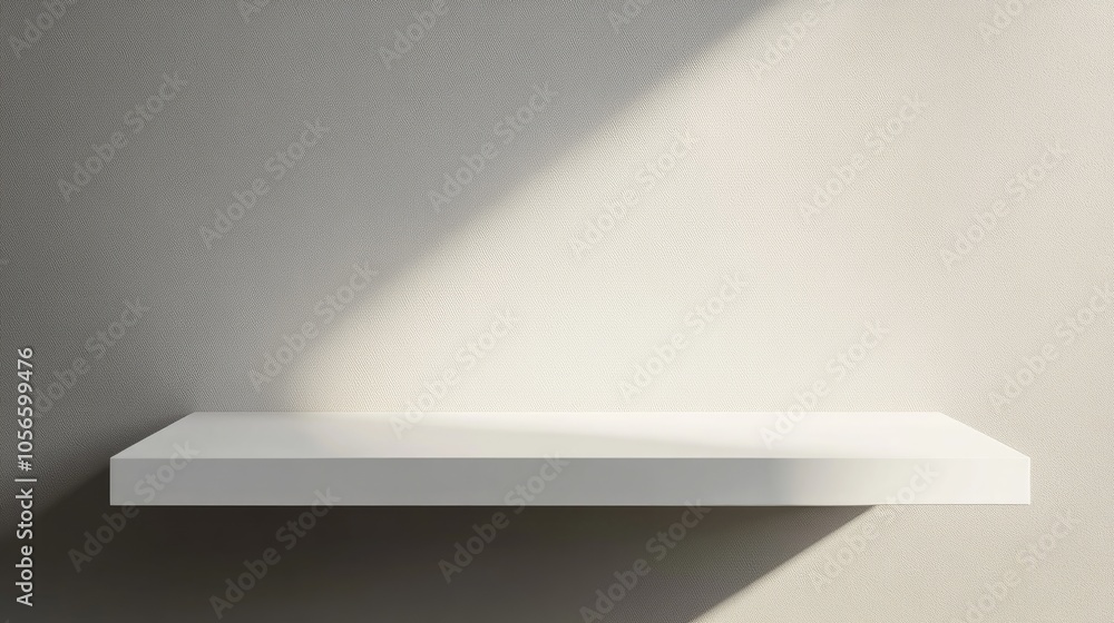 Minimalist background for product display featuring a white shelf against a soft gray wall Minimalist background for product display featuring a white shelf against a soft gray wall