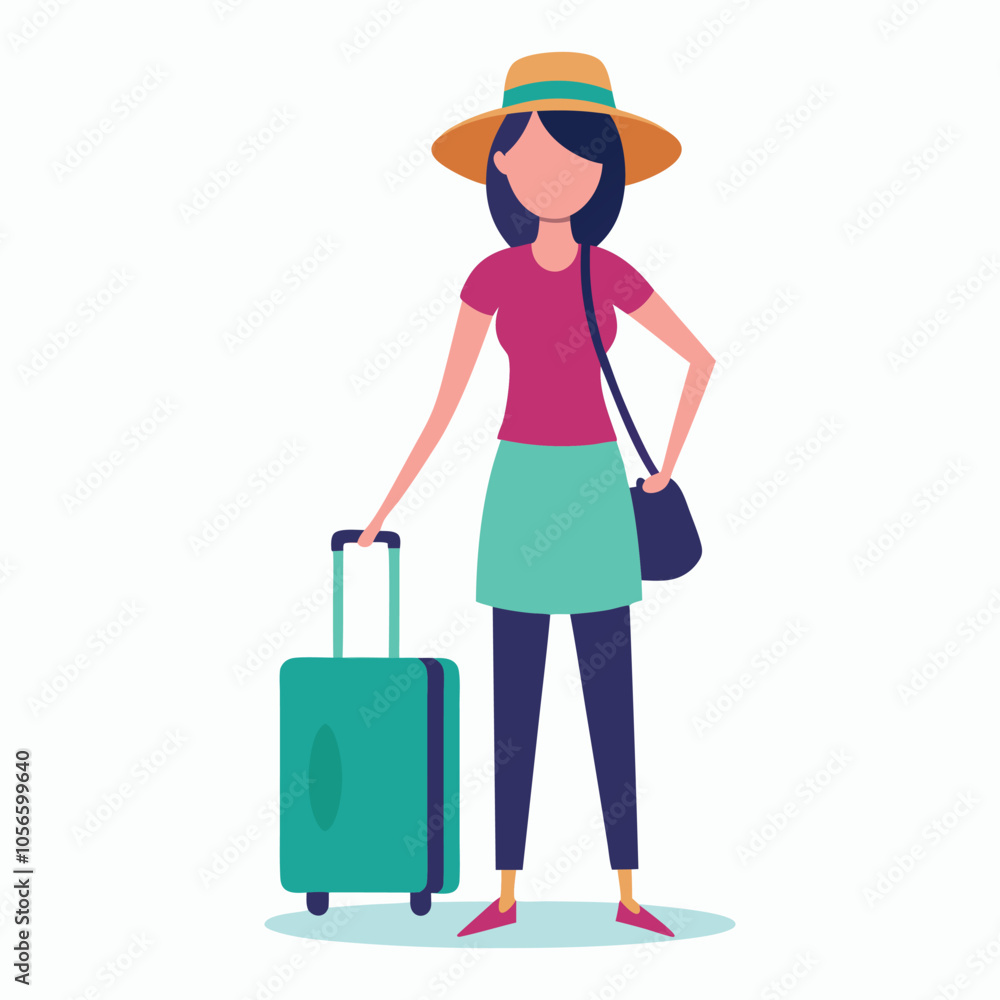 vector women in summer clothes with travel bag