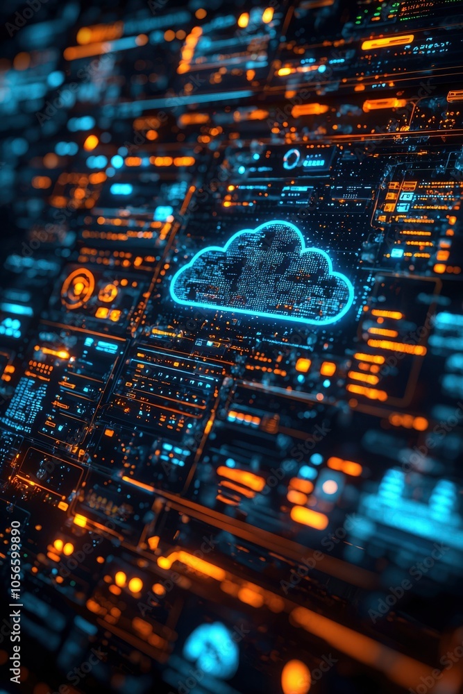 Obraz premium Glowing Blue Cloud Symbol on a Futuristic Tech Interface