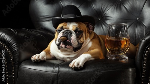 A bulldog relaxes on a luxurious black leather sofa donning a fashionable hat and puffing a cigar accompanied by a glass of brandy