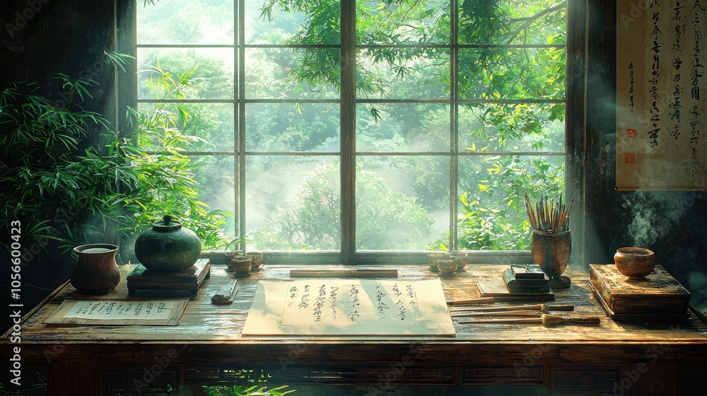 A wooden desk with calligraphy tools and a window view. A wooden desk with calligraphy tools and a window view.
