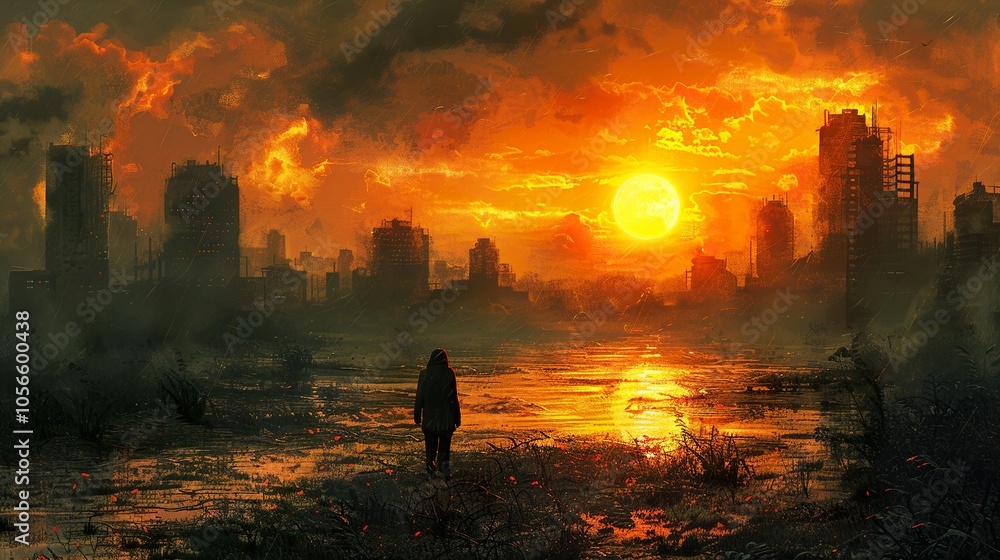 Post-Apocalyptic Cityscape with Lone Figure at Sunset Post-Apocalyptic Cityscape with Lone Figure at Sunset