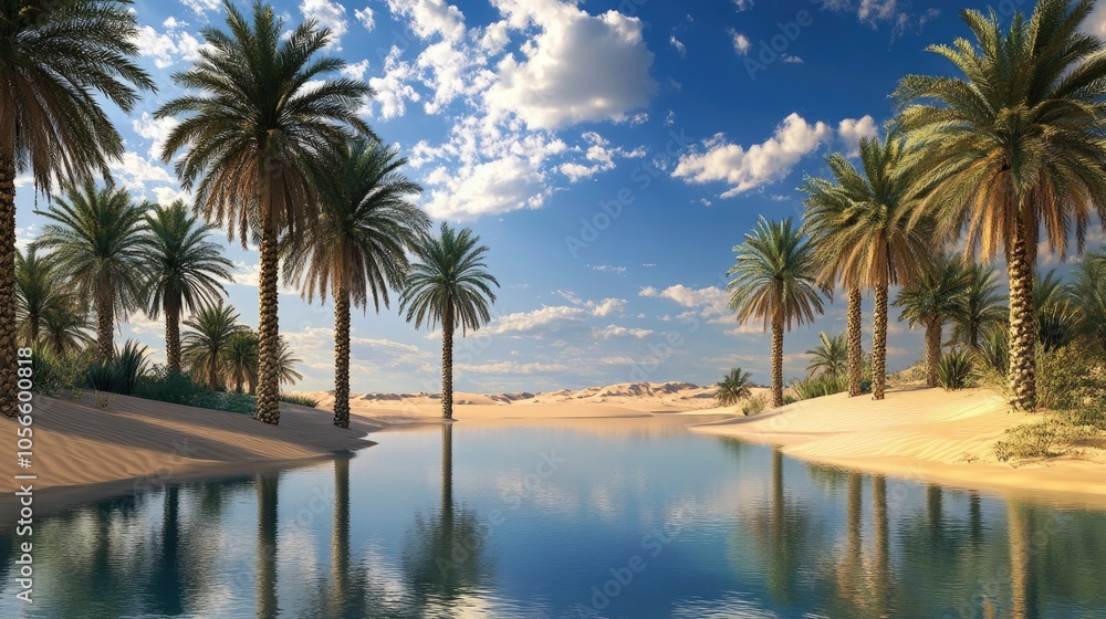 Lush palm trees encircle a tranquil oasis featuring a crystal clear stream that mirrors the azure sky and warm sands in a calm desert setting Lush palm trees encircle a tranquil oasis featuring a crystal clear stream that mirrors the azure sky and warm sands in a calm desert setting