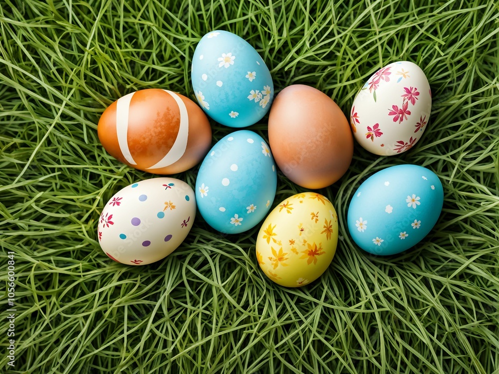 Easter eggs on meadow grass background Easter eggs on meadow grass background