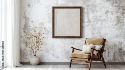 Painting in an elegant vintage frame displayed against a pristine smooth white wall