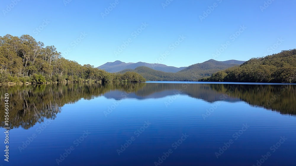 Tranquil Lake with Mountain Reflections in Clear Sky Tranquil Lake with Mountain Reflections in Clear Sky