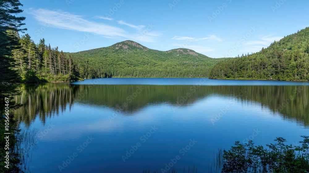 Serene Mountain Lake Reflection Under Blue Sky Serene Mountain Lake Reflection Under Blue Sky