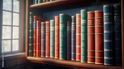 A beautifully arranged shelf of books with colorful spines backlit by soft natural light from a window