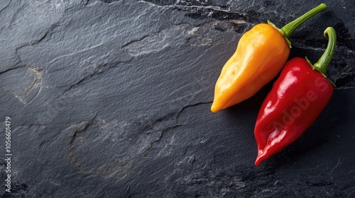 Two vibrant Kapia peppers on a dark shale stone surface photo