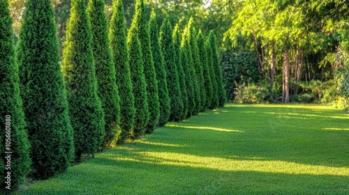 Row of Tall Evergreen Trees Forming a Lush Green Hedge Along a Path in a Backyard Setting photo