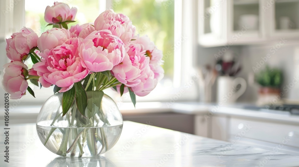 Close-up of fresh peonies in a glass vase on a kitchen table with modern decor. Close-up of fresh peonies in a glass vase on a kitchen table with modern decor.