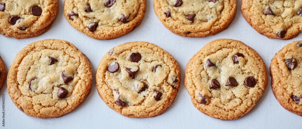 Delicious chocolate chip cookies arranged on a tray, perfect for dessert lovers. Delicious chocolate chip cookies arranged on a tray, perfect for dessert lovers.