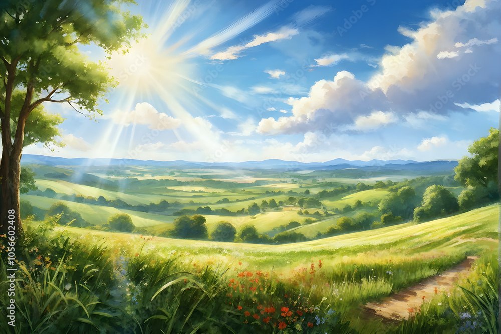 The season of summer, when trees and grass grow green and lush and feel warm, illustrated style painting The season of summer, when trees and grass grow green and lush and feel warm, illustrated style painting