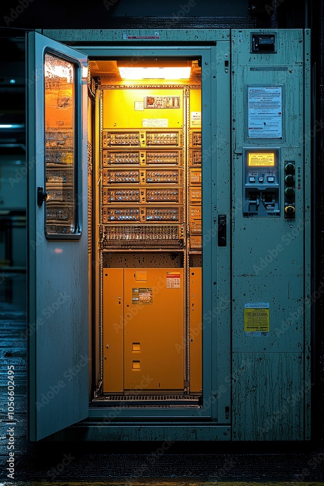 A Partially Opened Electrical Panel With Exposed Wiring and Controls A Partially Opened Electrical Panel With Exposed Wiring and Controls