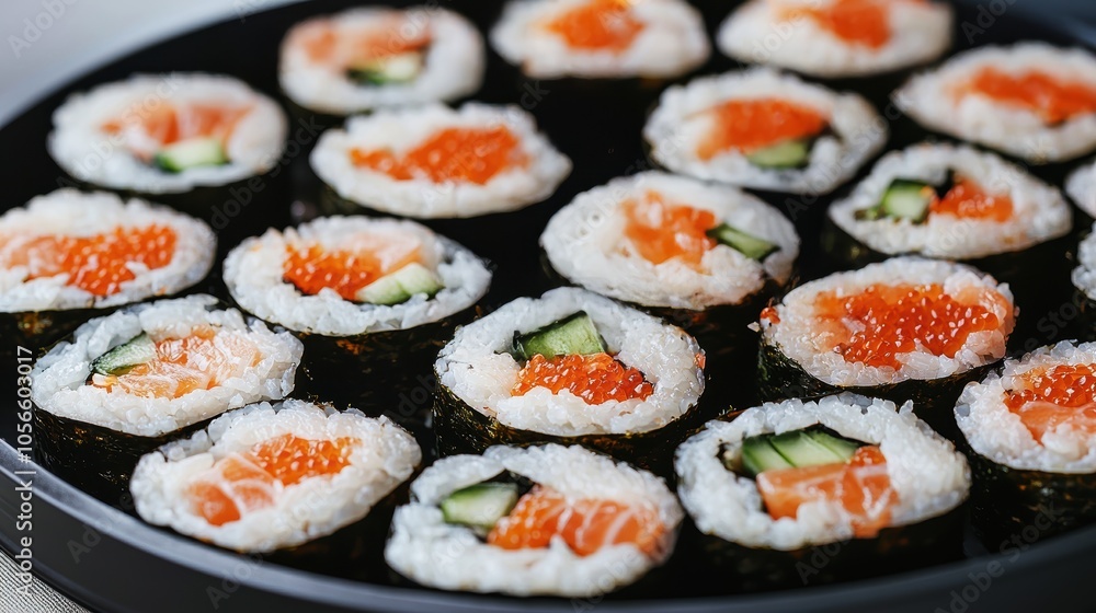 Delicious sushi rolls with salmon and cucumber on a black plate, perfect for culinary delights. Delicious sushi rolls with salmon and cucumber on a black plate, perfect for culinary delights.