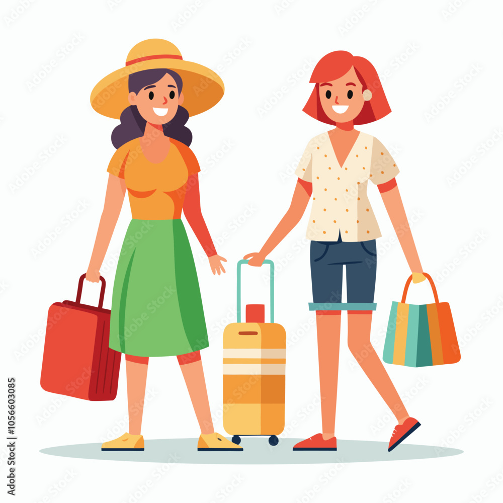 vector women in summer clothes with travel bag vector women in summer clothes with travel bag