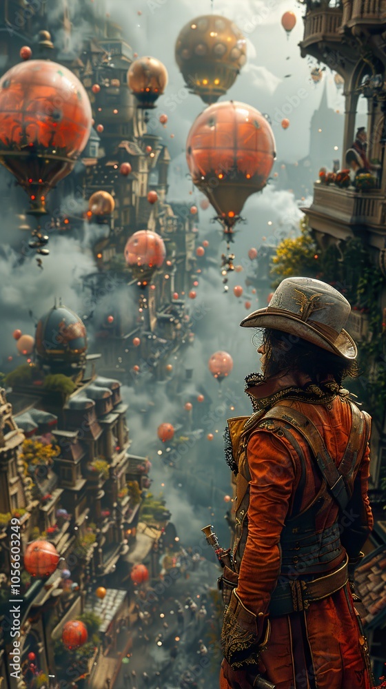 Obraz premium Steampunk Cityscape with Hot Air Balloons and a Mysterious Figure