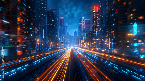 Speed light trails path through smart modern mega city and skyscrapers town with neon futuristic technology background, future virtual reality, motion effect, high speed light