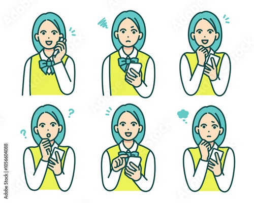 制服姿の学生。スマホを持つ女子高生のベクターイラストセット。