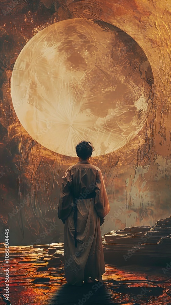 Fototapeta premium A Figure Contemplating a Cosmic Moon