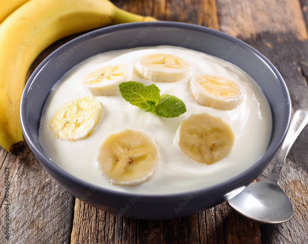 a bowl of fresh yogurt with banana slices a bowl of fresh yogurt with banana slices