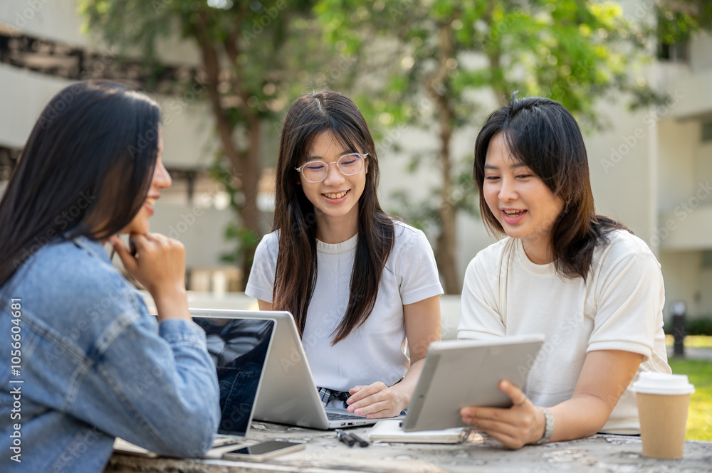 Group of Asian female college students is working on a project together at a table in a college park Group of Asian female college students is working on a project together at a table in a college park