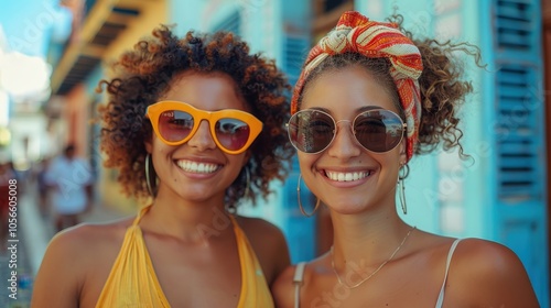 Portrait of two bright Smiling Cuban girls on the streets of Havana