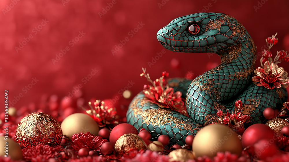 Decorative Emerald Green Snake with Gold Accents and Red Flowers Decorative Emerald Green Snake with Gold Accents and Red Flowers