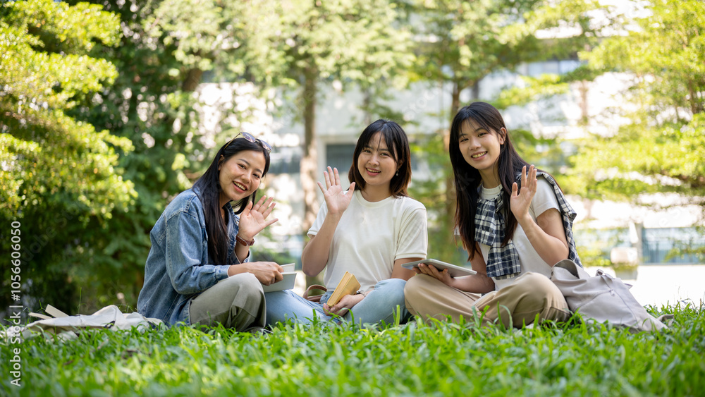 Charming Asian female college students are sitting together in a park, smiling at the camera. Charming Asian female college students are sitting together in a park, smiling at the camera.