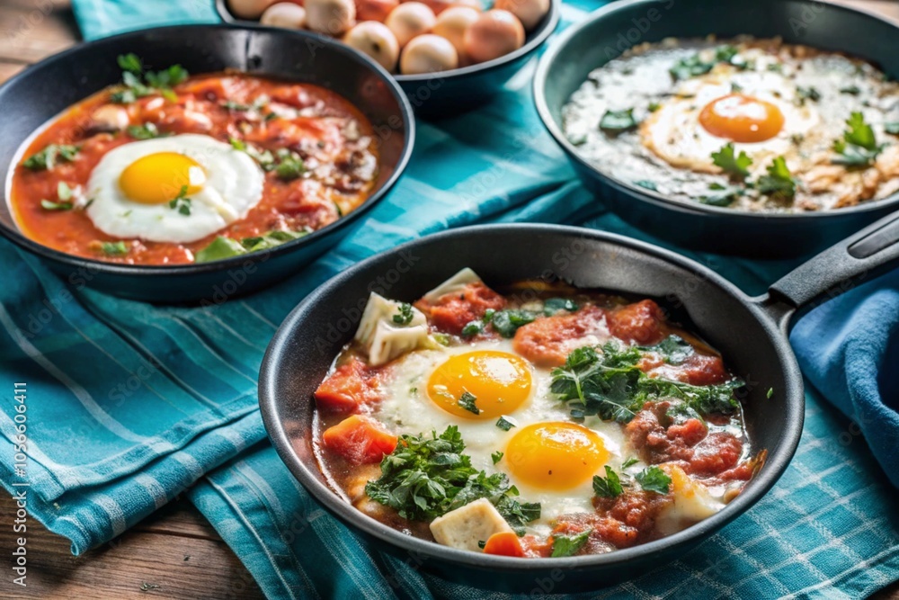 Colorful Breakfast Skillet Trio with Eggs on Blue Checkered Tablecloth Colorful Breakfast Skillet Trio with Eggs on Blue Checkered Tablecloth