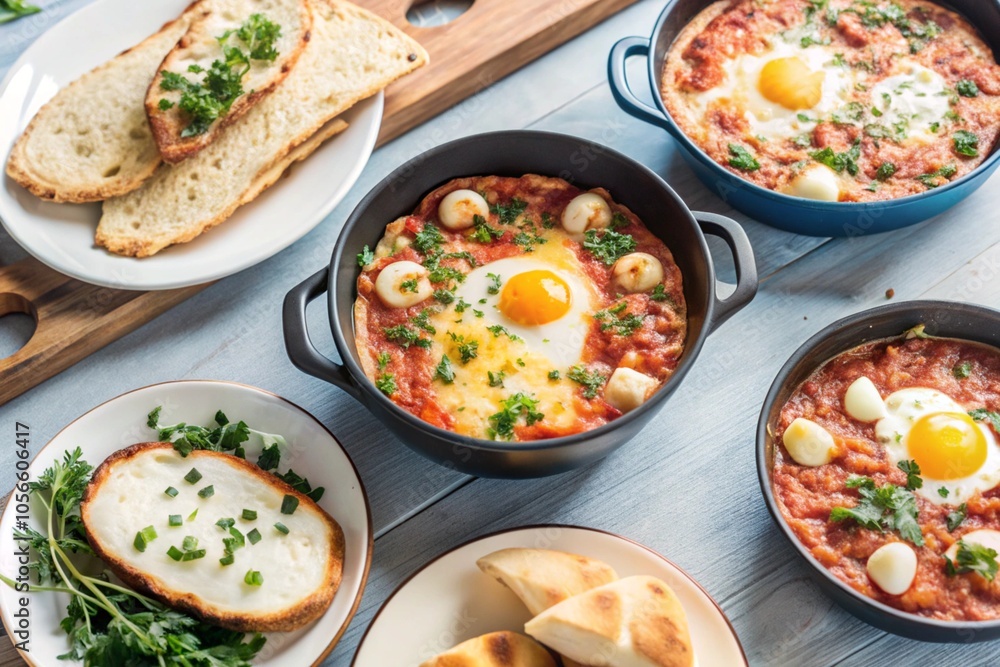 Delicious Shakshuka Breakfast with Fresh Bread and Herbs in a Rustic Kitchen Setting Delicious Shakshuka Breakfast with Fresh Bread and Herbs in a Rustic Kitchen Setting