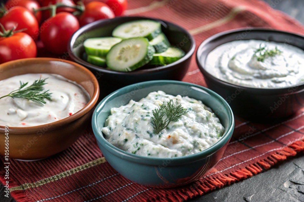 Assortment of Fresh Yogurt-Based Dips with Vegetables on a Table Display Assortment of Fresh Yogurt-Based Dips with Vegetables on a Table Display