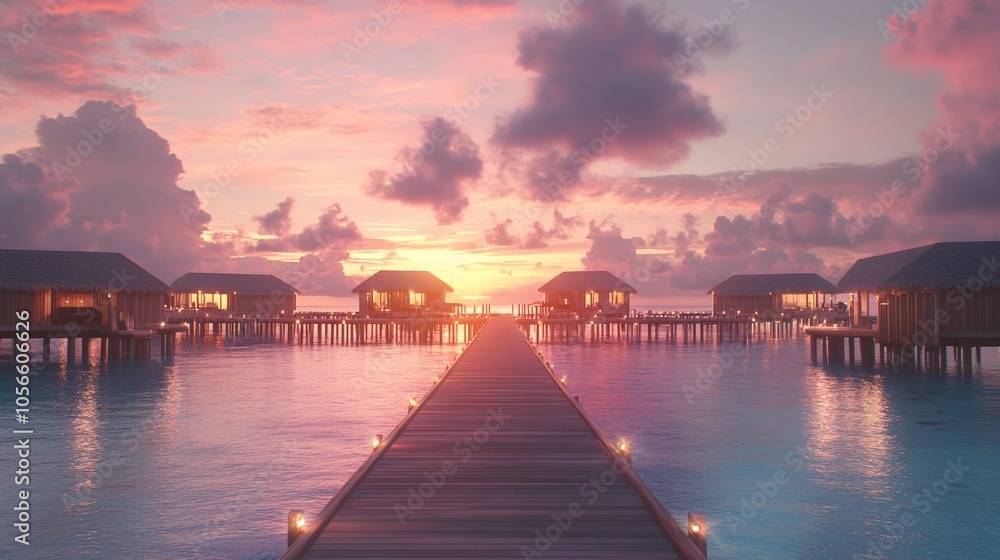 Fototapeta premium A wooden walkway leading to luxurious overwater bungalows at sunset.