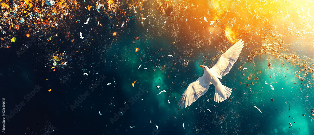 Obraz premium Seagull Soaring Over Polluted Water.