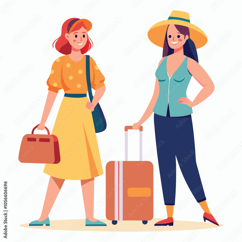 vector women in summer clothes with travel bag vector women in summer clothes with travel bag