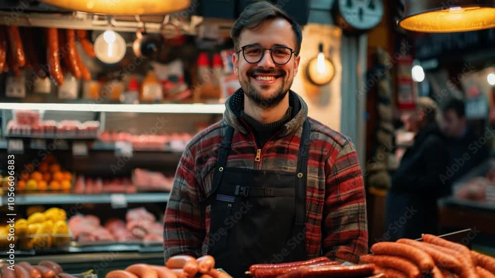 This cheerful vendor showcases an array of sausages at a lively market place.