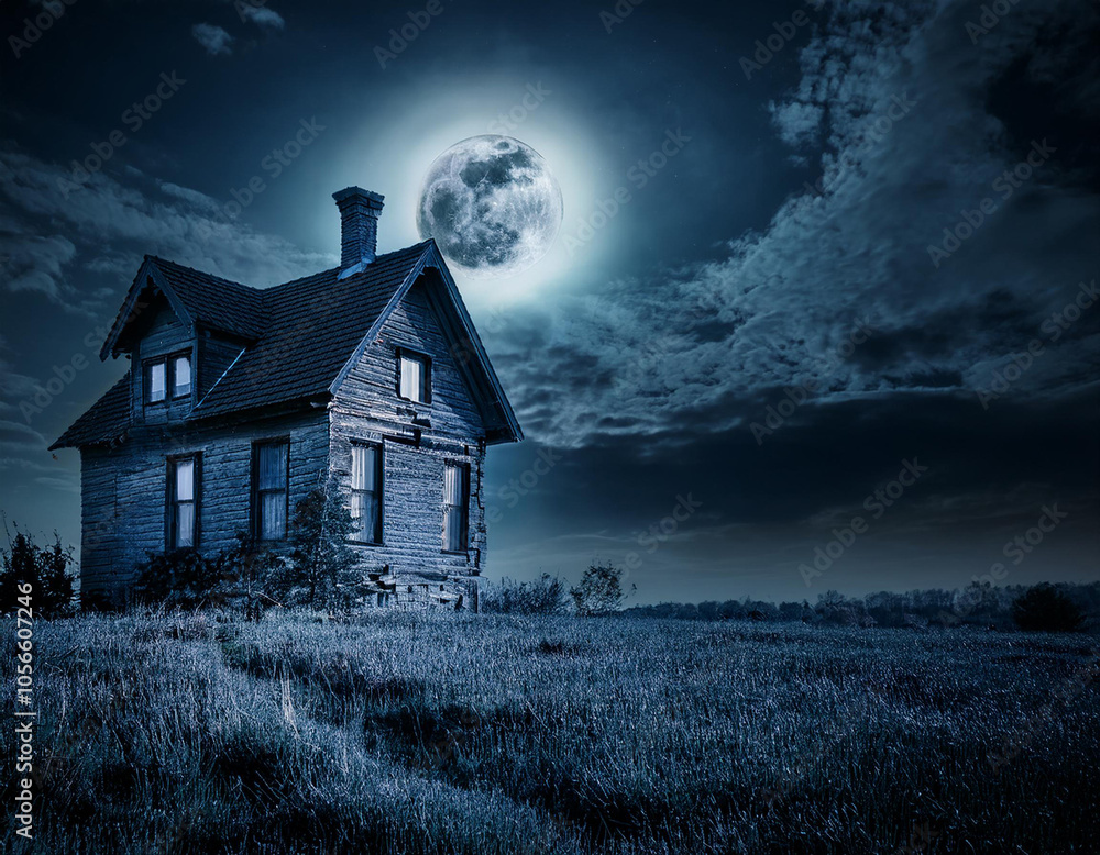 haunted house at night with full moon and dramatic sky haunted house at night with full moon and dramatic sky