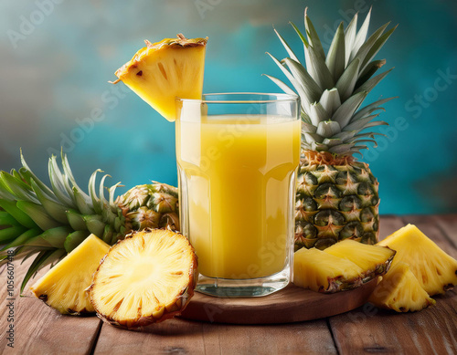 a glass of pineapple juice with pineapple slices around it photo