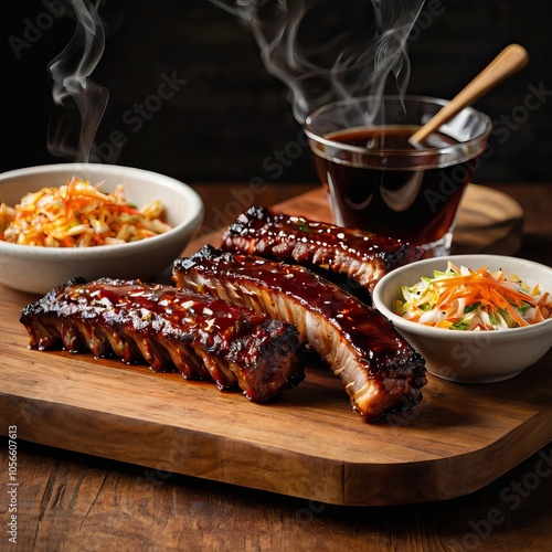A tantalizing shot of sticky BBQ ribs, glistening with sauce, served on a wooden platter with coleslaw and cornbread on the side