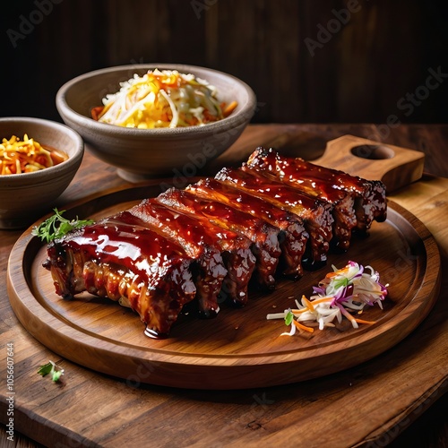 A tantalizing shot of sticky BBQ ribs, glistening with sauce, served on a wooden platter with coleslaw and cornbread on the side