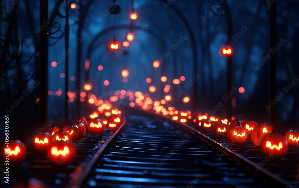 Obraz premium A spooky, atmospheric scene featuring glowing jack-o'-lanterns lining a dark railway surrounded by trees, creating a Halloween vibe.